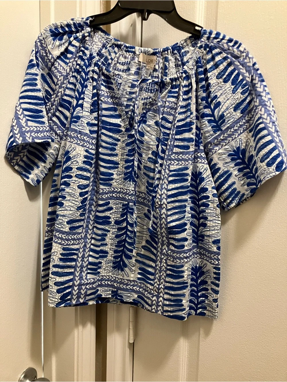 LOFT Blue & White Printed Smocked Peasant Blouse